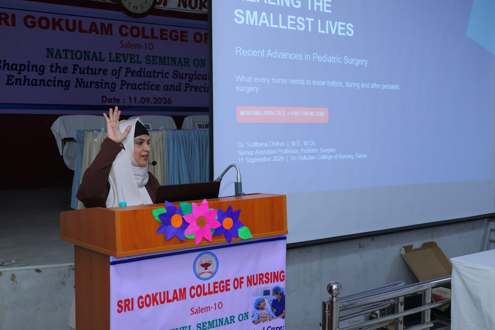 Dr. Sulthana Dhilras J presenting 'Healing the Smallest Lives' at a national level nursing seminar